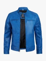 Mens Real Leather Distressed Blue Cafe Racer Jacket