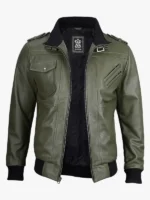 Olive Green Bomber Leather Jacket Men