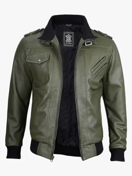 Olive Green Bomber Leather Jacket Men