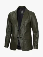 Olive Leather Coat with Buttons