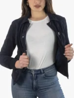 Women’s Slim Fit Suede Leather Bomber Jacket – Blue