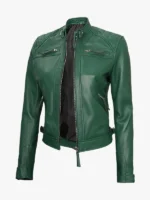 Real Lambskin Green Biker Jacket For Women