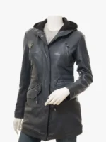 Blue Hooded Leather Parka for Women