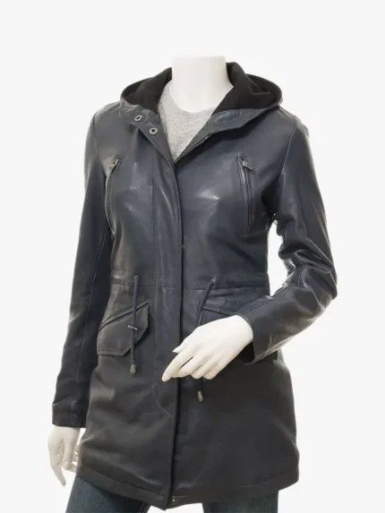Blue Hooded Leather Parka for Women
