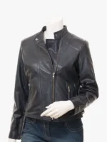 Slim Fit Navy Leather Moto Jacket for Women