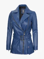 Womens Asymmetrical Blue Belted Moto Leather Jacket