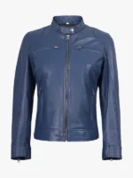 women Biker Style Leather Blue Jacket