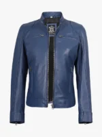 Blue Biker Style Leather Jacket For women