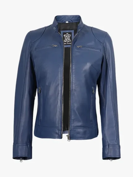 Blue Biker Style Leather Jacket For women
