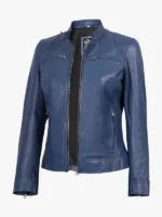 Women s Blue Biker Style Leather Jacket