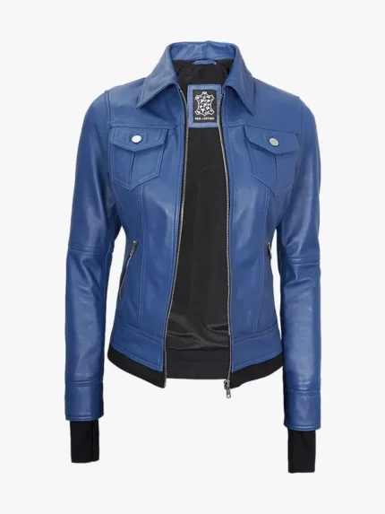 Womens Blue Bomber Jacket With Hood