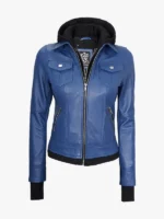 Womens Blue Bomber Leather Jacket With Hood