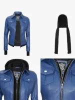 Blue Bomber Jacket with Faux Hood for Wome