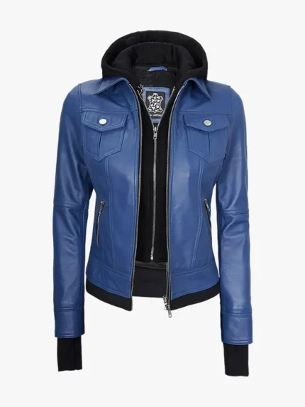 Womens Hooded Blue Bomber Leather Jacket