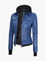 Ladies Blue Bomber Leather Jacket With Hood