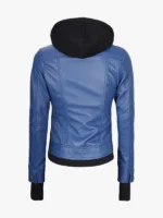Hooded Blue Leather Jacket for Women