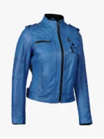 Blue Waxed Biker Leather Jacket For Women