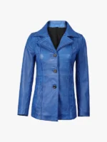 Womens Blue Waxed Leather Coat - Three Button
