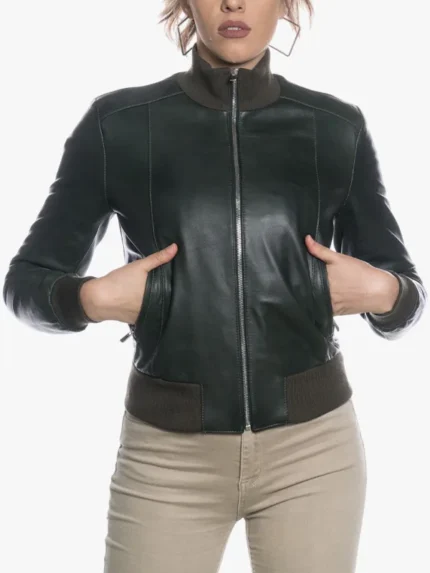 Women's Bomber Dark Green Moto Jacket