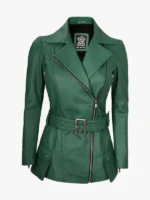 Womens Green Belted Biker Jacket