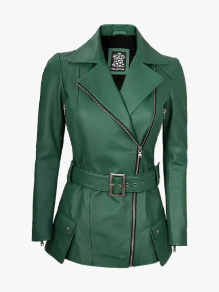 Womens Green Belted Biker Jacket