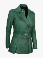Womens Green Belted Biker Jacket With Lapel Collar