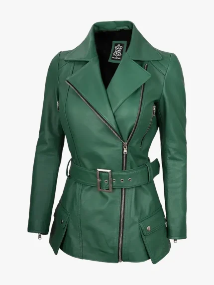 Womens Green Belted Biker Zipper Jacket