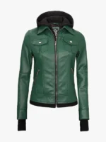 Womens Green Bomber Removable Hood Jacket