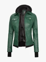 Womens Green Bomber Shirt Style Jacket With Removable Hood