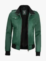Women's Green Bomber Zip-Up Hooded Jacket