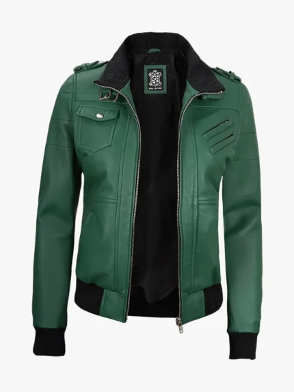 Women's Green Bomber Zip-Up Hooded Jacket