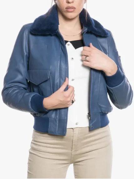 Women Pilot Style Blue Bomber Jacket