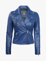 Womens Real Lambskin Leather Blue Moto Jacket