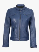 Real Lambskin Blue Quilted Biker Zipper Jacket For Women