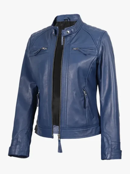 Womens Real Lambskin Blue Quilted Biker Zipper Jacket