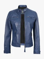 Womens Real Lambskin Blue Quilted Biker Jacket