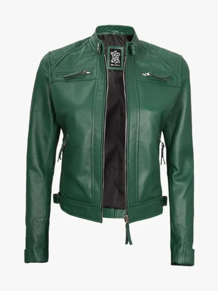 Womens Real Lambskin Olive Green Biker Jacket