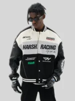 Harsh And Cruel Embroidered Racing Varsity Jacket Black
