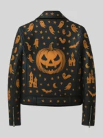 Haunted Ghost & Pumpkin Print Black Biker Leather Jacket For Halloween
