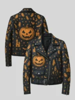 Haunted Halloween Ghost & Pumpkin Print Black Biker Leather Jacket