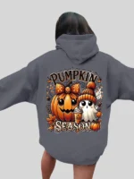 Pumpkin Ghost Funny Print Oversized Long Grey Hoodie