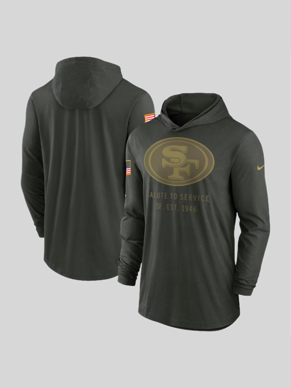 San Francisco 49ers 2025 Salute to Service Hooded Long Sleeve T-shirt San Francisco 49ers 2025 Salute to Service Hooded Long Sleeve T-shirt