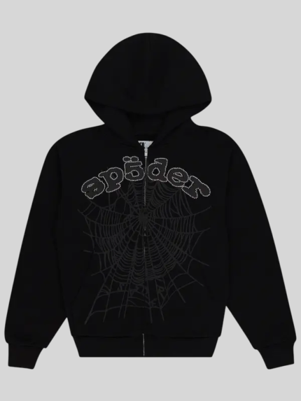 Sp5der x Young Thug Rhinestone Zipper Black Hoodie