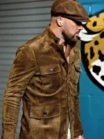 Travis Kelce Cashmere Suede Military Jacket Brown