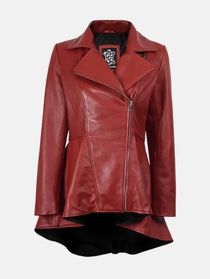 Womens Asymmetrical Red Leather Peplum Jacket