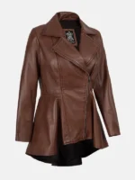 Womens Asymmetrical Cognac Peplum Leather Jacket