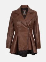 Womens Cognac Peplum Brown Leather Jacket