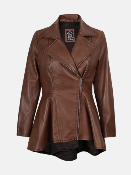 Womens Cognac Peplum Brown Leather Jacket
