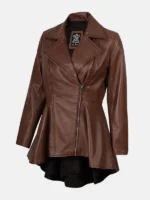 Womens Cognac Peplum Leather Jacket