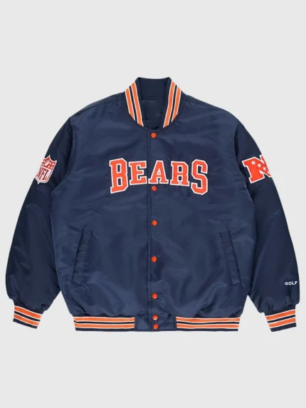 Chicago Bears Golf Wang 2025 Navy Blue Satin Full-Snap Bomber Jacket
